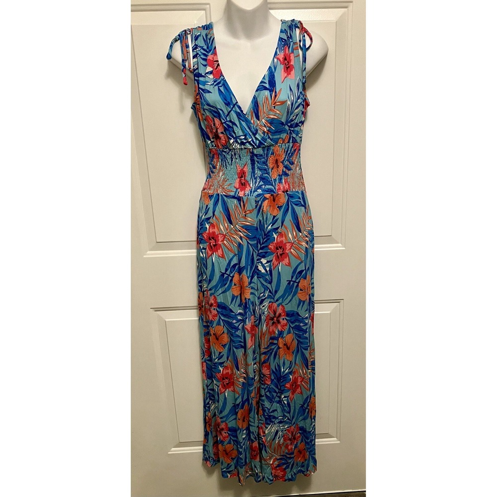Lascana Women's Wide Leg Blue Floral jumpsuit Size 4/6 Small Sleeveless Beachy